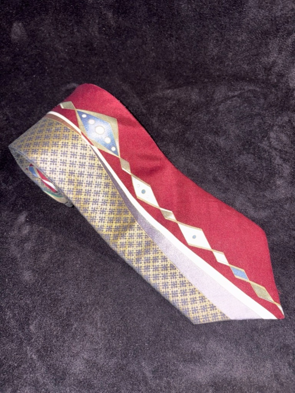 Sutter & Grant Vintage Geometric Diamond Silk Necktie Burgundy Gold 90s EUC Y2K